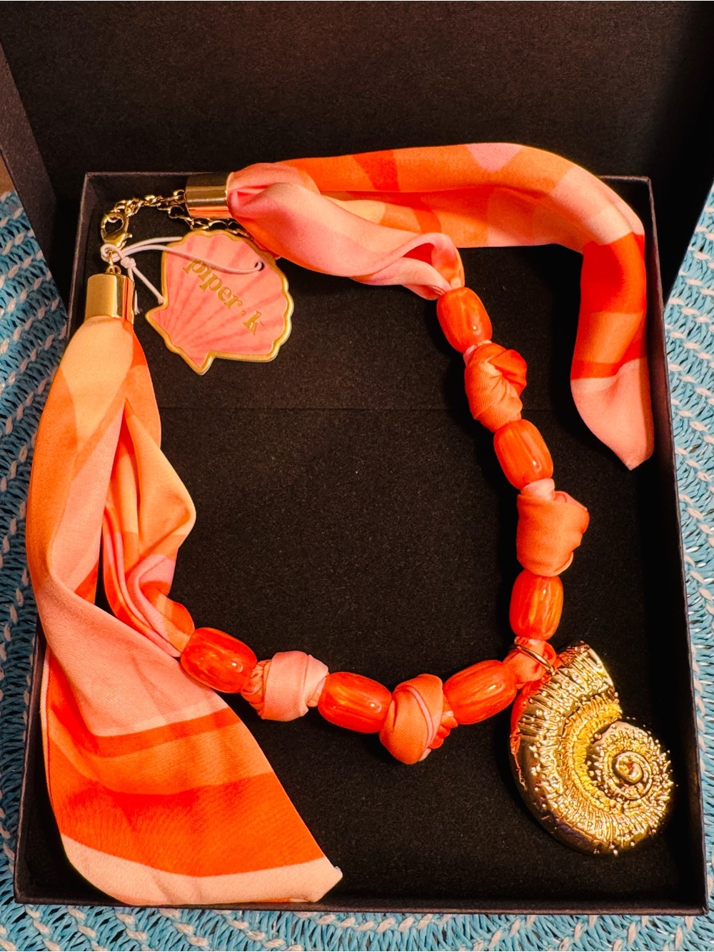 NWT Piper.K Vibrant Orange Bead & Shell Pendant Scarf Necklace 16” + 3”